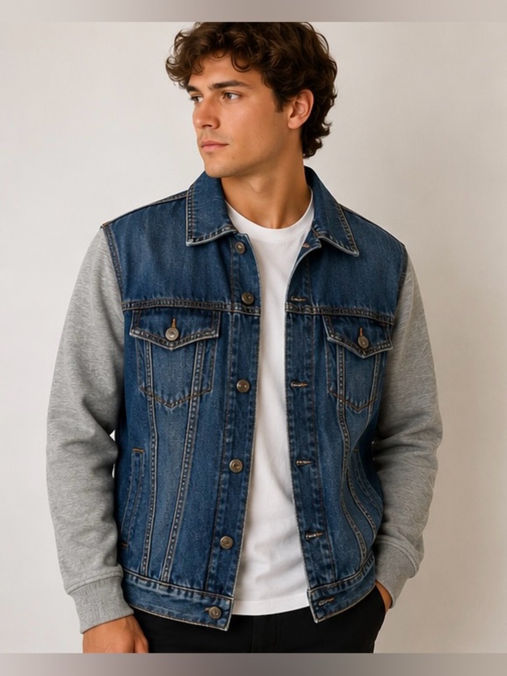 Guess Men’s Large Denim Trucker Jacket Blue Jean Jacket Gray Sweatshirt Sleeves